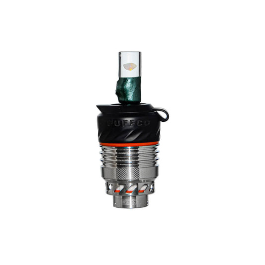 Calibear Premium Opal Pillar Joystick Carb Cap (METALLICGREEN) installed on Puffco Peak OG & Pro 3DXL Atomizer, showing the pillar top and opal accent