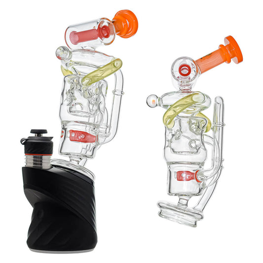 for Puffco Peak OG & Pro | CaliBear Premium Swiss Straight Fab Recycler glass attachment featuring an encased opal, complex recycling chambers, and color accents.