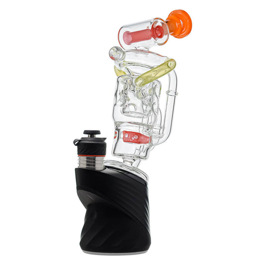for Puffco Peak OG & Pro | CaliBear Premium Swiss Straight Fab Recycler glass attachment featuring an encased opal, complex recycling chambers, and color accents.