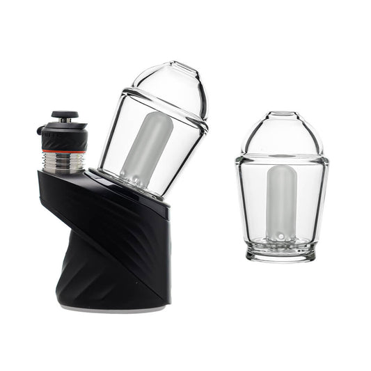 Calibear Premium Tubbler Bubbler clear glass attachment with a capsule dome shape and a frosted internal showerhead perc shown standalone and mounted on a black Puffco Peak Pro device.
