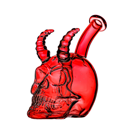 Handcrafted glass skull and horn dab rigs in yellow, red, blue, and pink translucent colors with a 14mm joint on a white background.