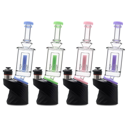 Four Calibear SOL Seed of Life Puffco Peak Glass Attachments mounted on black Puffco Peak devices — featuring clear borosilicate rectangular chamber with colored central stem insert in blue, green, pink, and purple, Seed of Life etched percolator disc, straight tube mouthpiece with colored disc cap, and colored base adapter ring, shown in a row against white background.