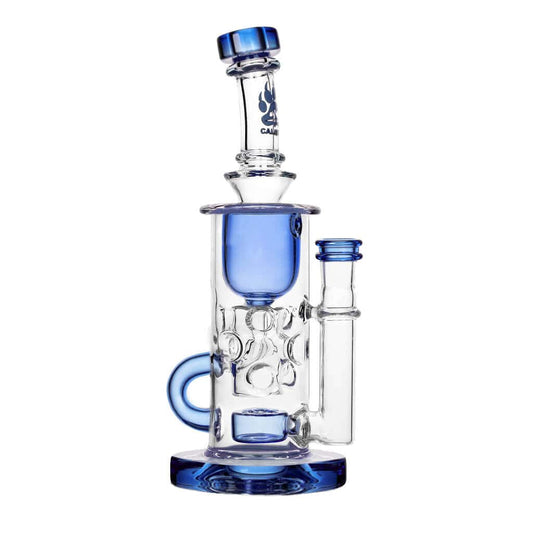 Calibear Straight Fab Klein Dab Rig | 9" Seed of Life Perc Borosilicate Glass Rig Handcrafted Borosilicate Glass Detail close-up of joint connection and mouthpiece