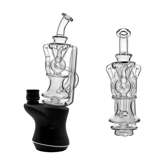 CaliBear Triple Donut Recycler glass attachment for Focus V Carta e-rig with clear glass and three-donut recycling chambers.