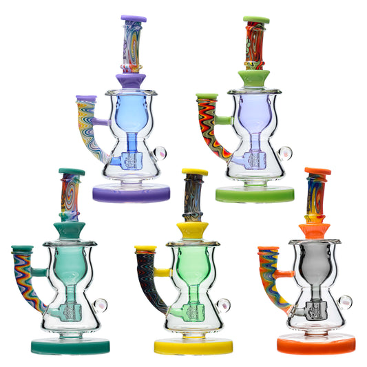 Calibear Wigwag Curvy Torus Incycler Dab Rig featuring handcrafted borosilicate glass, torus chamber recycler design, colorful wigwag accents, and compact 8-inch functional glass construction