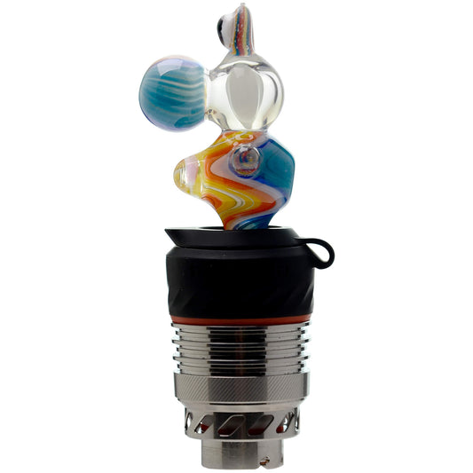 Five different color options of the Calibear Wigwag Yoshi 3DXL Joystick Carb Cap with encased opals, mounted on Puffco Peak Pro 3DXL metal chambers, showcasing hand-blown character glass bodies with vibrant rainbow, blue, teal, and orange wigwag linework patterns.