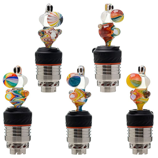 Five different color options of the Calibear Wigwag Yoshi 3DXL Joystick Carb Cap with encased opals, mounted on Puffco Peak Pro 3DXL metal chambers, showcasing hand-blown character glass bodies with vibrant rainbow, blue, teal, and orange wigwag linework patterns.