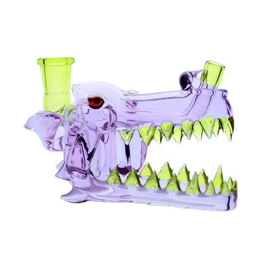 Calibear wolf head glass rig with sculpted skull design and sharp teeth, handcrafted borosilicate heady glass smoking rig.