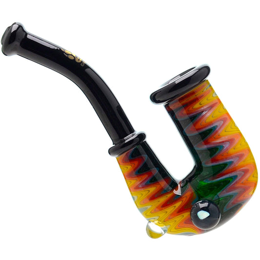 Handcrafted wigwag glass hand pipe with opal accent and sherlock style neck featuring vibrant rainbow reversals and thick borosilicate glass construction.