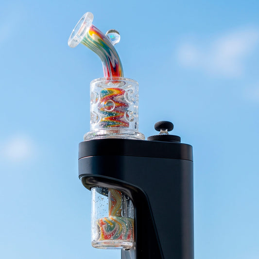 Hand‑blown wigwag crushed opal dual‑chamber dual showerhead perc glass set compatible with Dr. Dabber Switch 2, paired matching opal‑encased marble carb cap, heady borosilicate e‑rig accessory