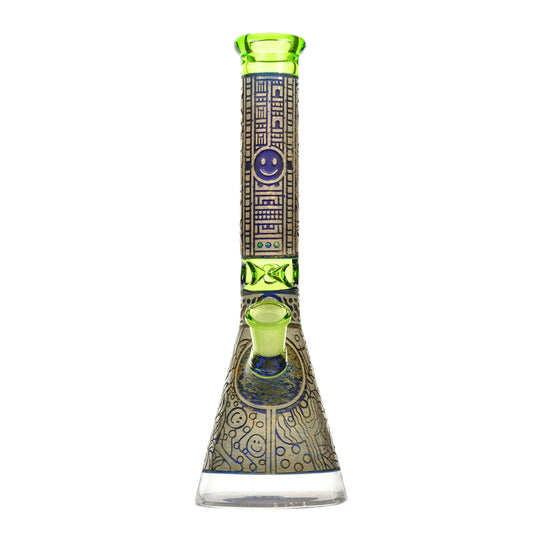 Calibear 12 inch limited edition sandblasted glass beaker bong with intricate art engravings and Northstar purple and lime green accents.