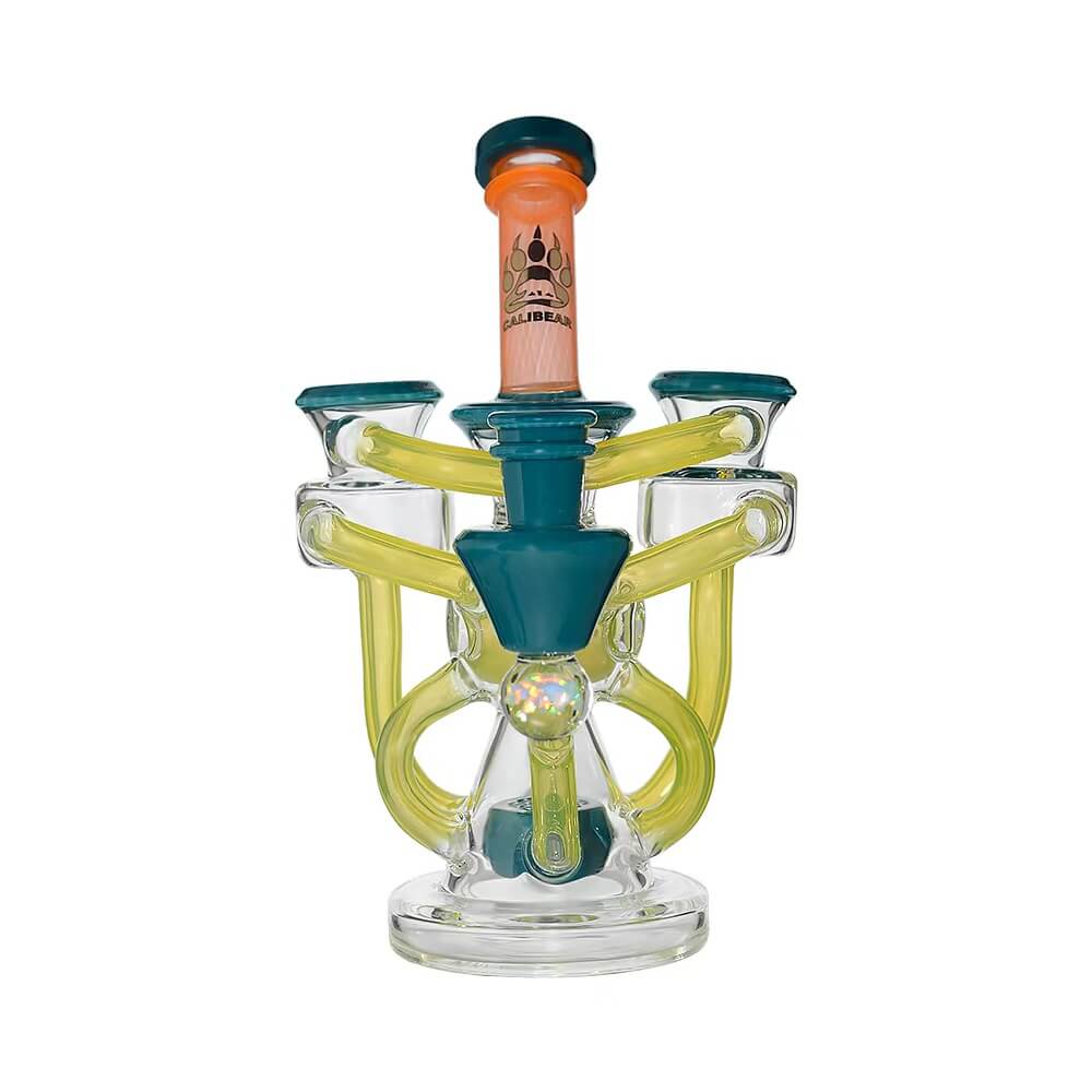 Calibear artistic recycler dab rig with encased opal and colorful multi-chamber borosilicate glass recycler design.