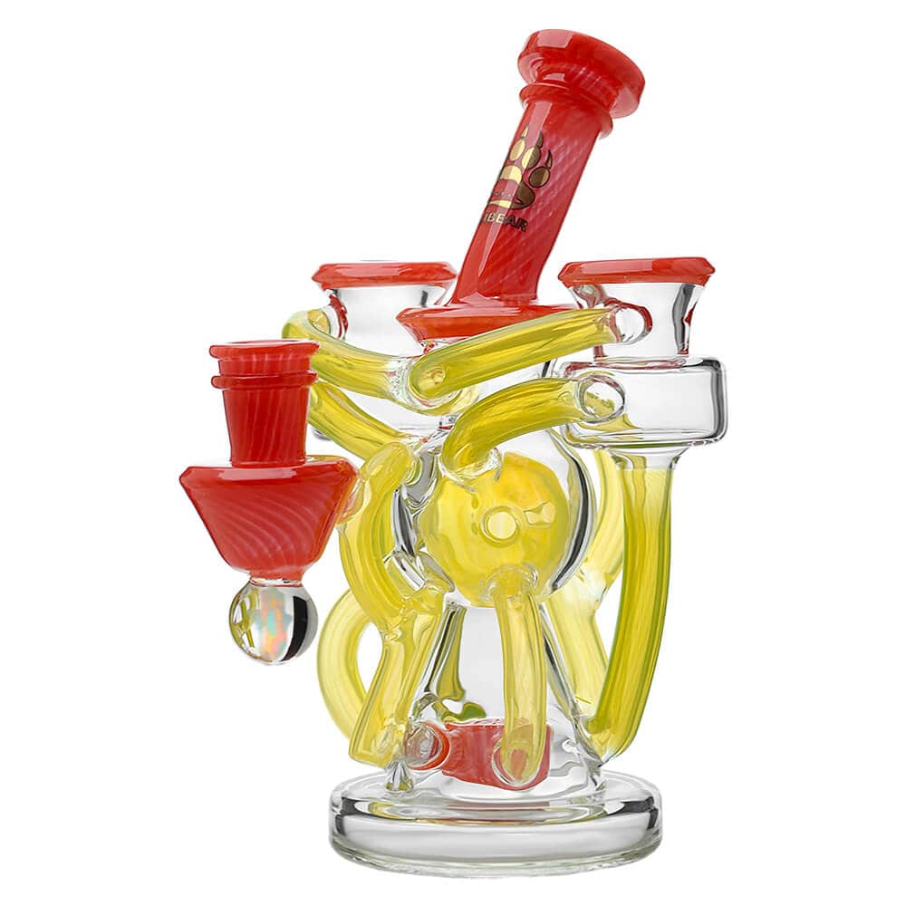 Calibear artistic recycler dab rig with encased opal and colorful multi-chamber borosilicate glass recycler design.