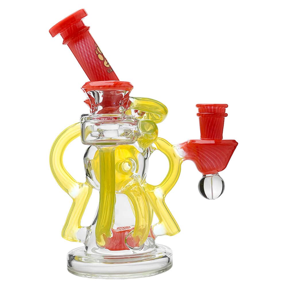 Calibear artistic recycler dab rig with encased opal and colorful multi-chamber borosilicate glass recycler design.