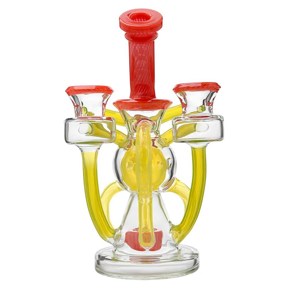 Calibear artistic recycler dab rig with encased opal and colorful multi-chamber borosilicate glass recycler design.