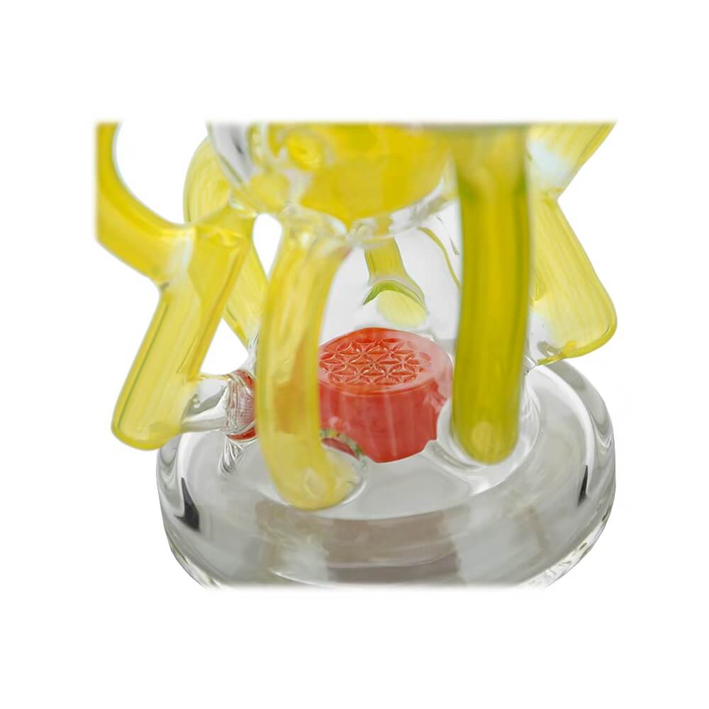 Calibear artistic recycler dab rig with encased opal and colorful multi-chamber borosilicate glass recycler design.