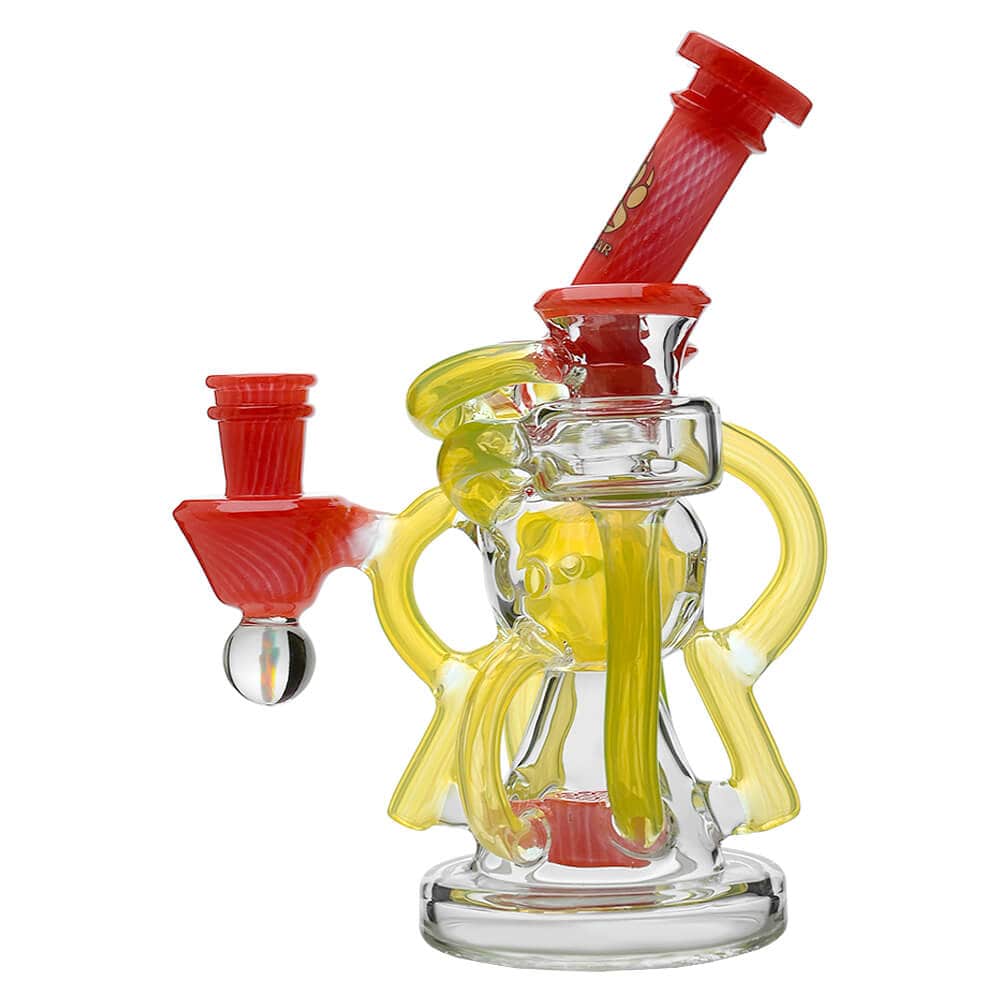 Calibear artistic recycler dab rig with encased opal and colorful multi-chamber borosilicate glass recycler design.