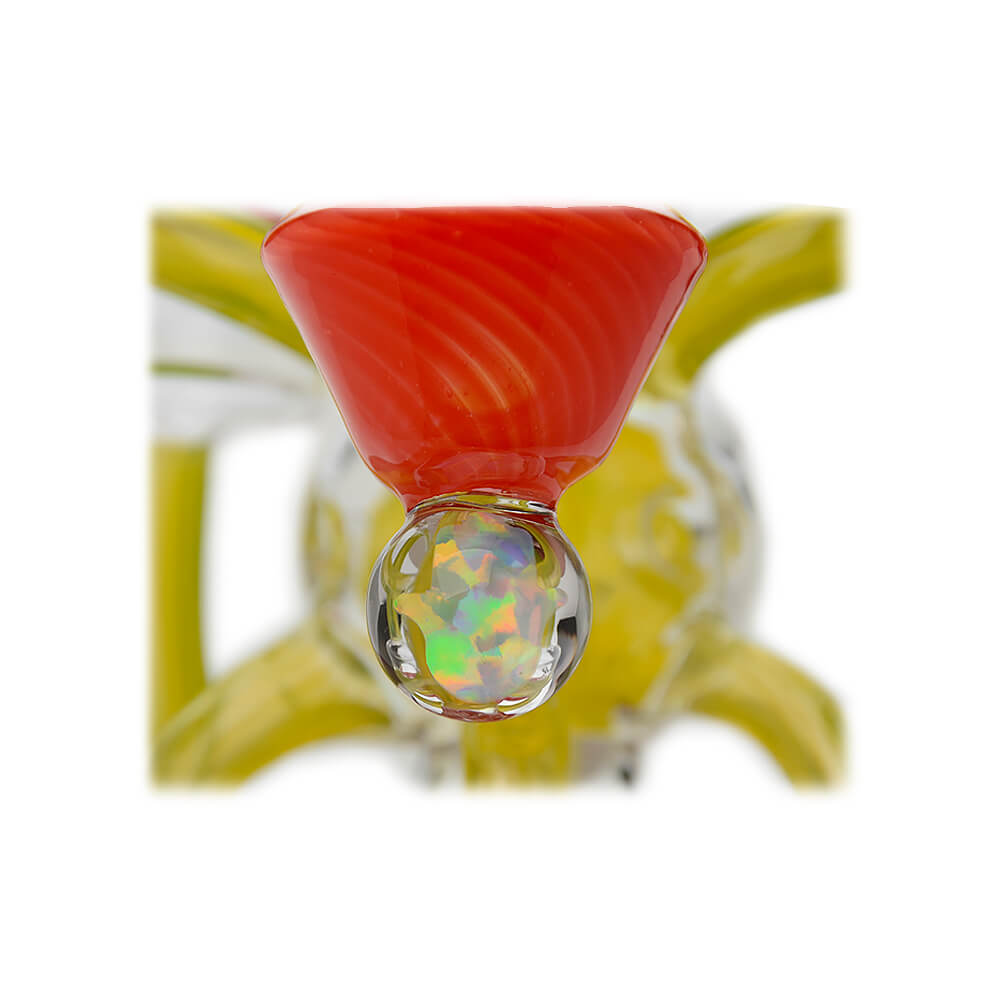 Calibear artistic recycler dab rig with encased opal and colorful multi-chamber borosilicate glass recycler design.