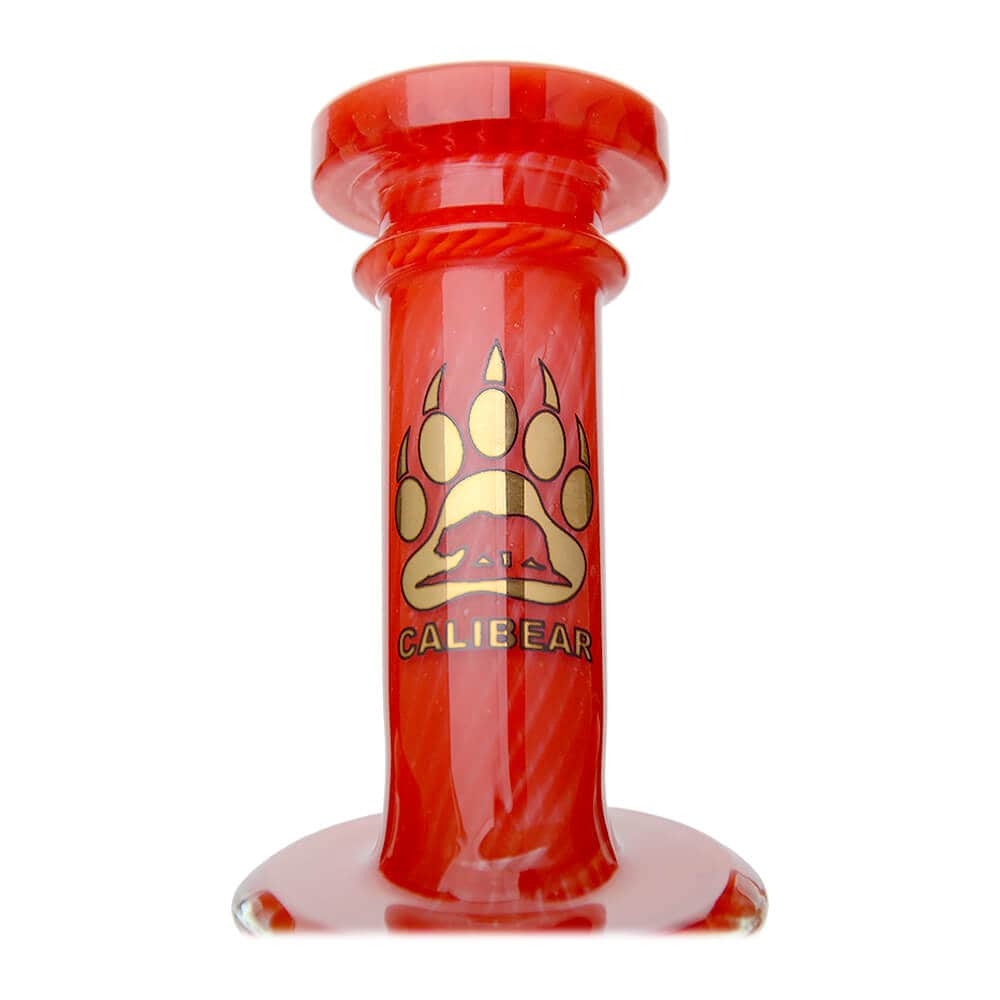 Calibear artistic recycler dab rig with encased opal and colorful multi-chamber borosilicate glass recycler design.