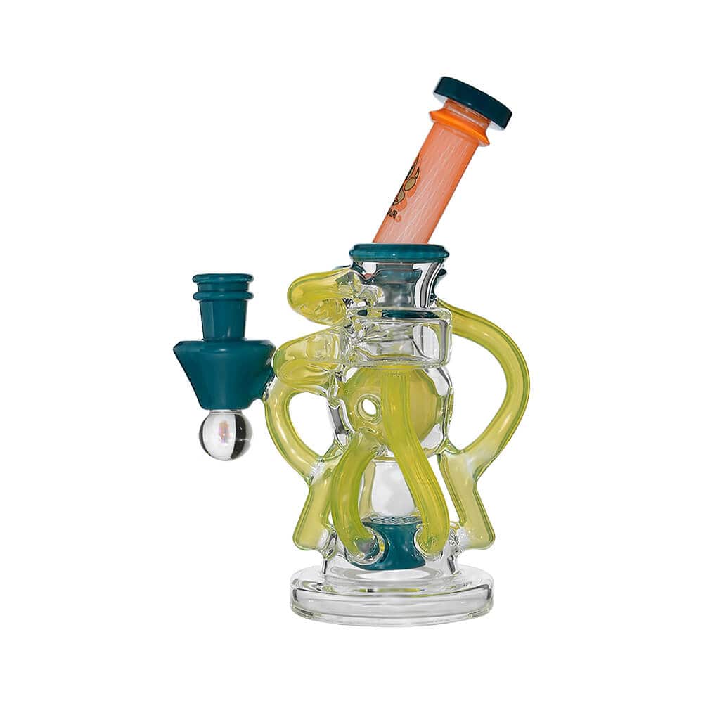 Calibear artistic recycler dab rig with encased opal and colorful multi-chamber borosilicate glass recycler design.