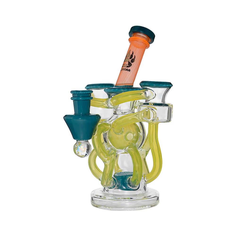 Calibear artistic recycler dab rig with encased opal and colorful multi-chamber borosilicate glass recycler design.