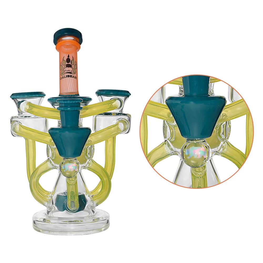 Calibear artistic recycler dab rig with encased opal and colorful multi-chamber borosilicate glass recycler design.