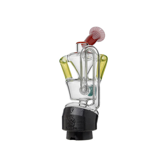 Calibear 3D Printed Puffco Peak Glass Adapter for Focus V Carta (Black), installed demonstration with a clear glass recycler attachment showing the adapter beneath the glass base
