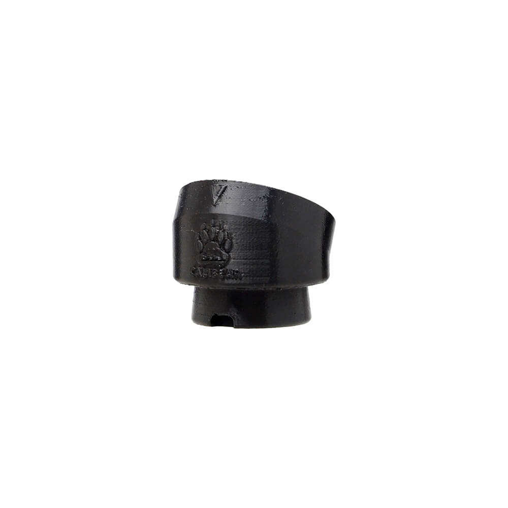 Calibear 3D Printed Puffco Peak Glass Adapter for Focus V Carta (Black), angled side view showing Calibear logo, sloped adapter housing and lower mounting insert