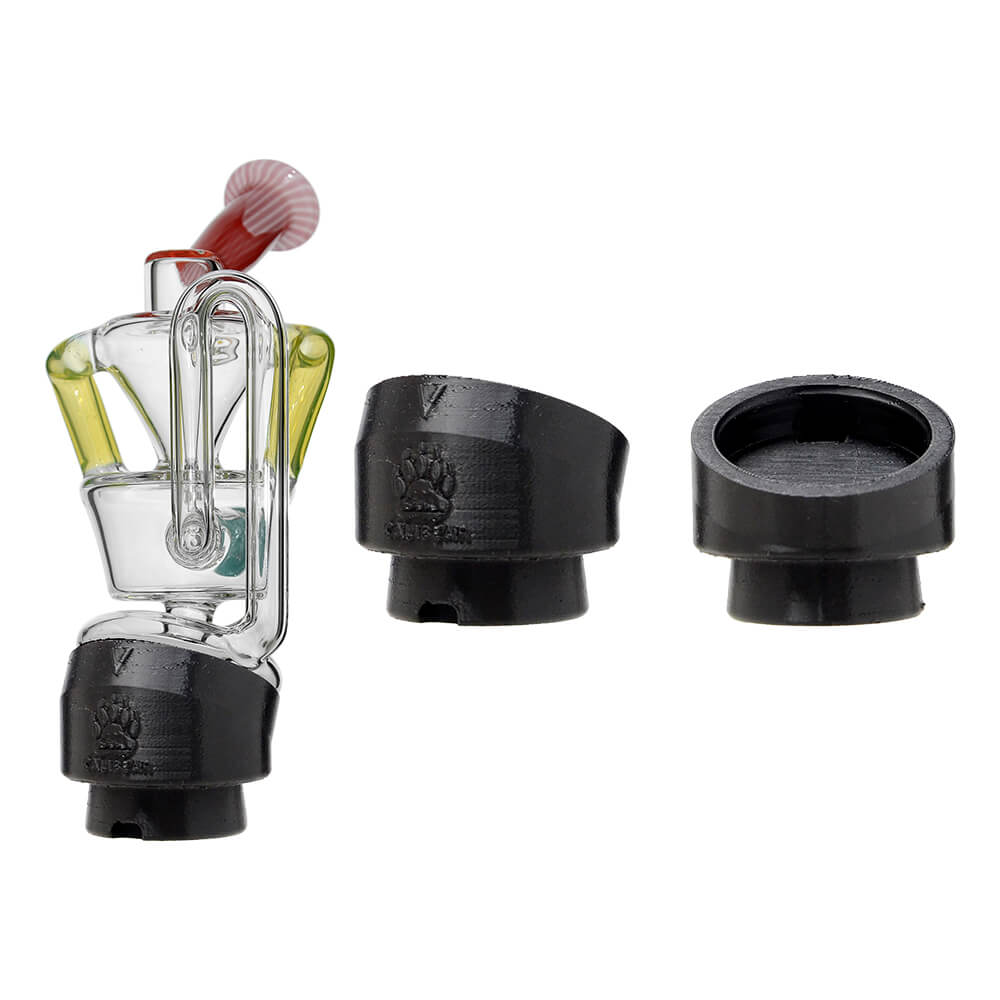 Calibear 3D Printed Puffco Peak Glass Adapter for Focus V Carta (Black), comparison showing the adapter installed beneath a glass attachment alongside exterior and top opening views