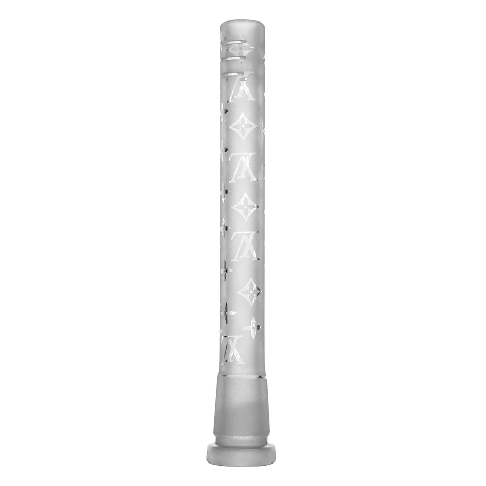 CALIBEAR Etched Art Downstem with unique hand-etched design, thick borosilicate glass, multiple sizes available for dab rigs.