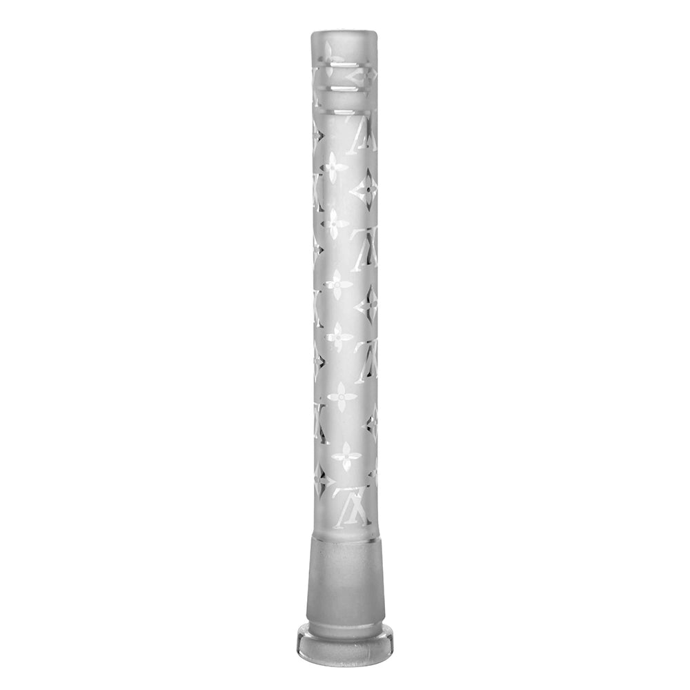 CALIBEAR Etched Art Downstem with unique hand-etched design, thick borosilicate glass, multiple sizes available for dab rigs.