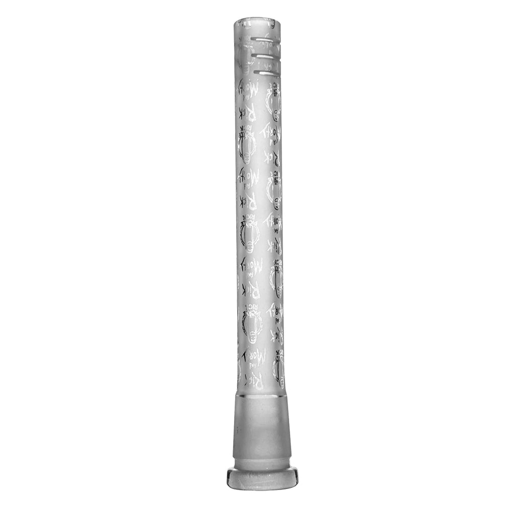 CALIBEAR Etched Art Downstem with unique hand-etched design, thick borosilicate glass, multiple sizes available for dab rigs.