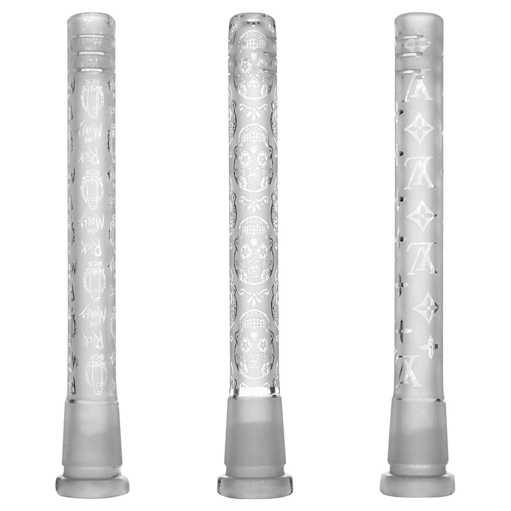 CALIBEAR Etched Art Downstem with unique hand-etched design, thick borosilicate glass, multiple sizes available for dab rigs.