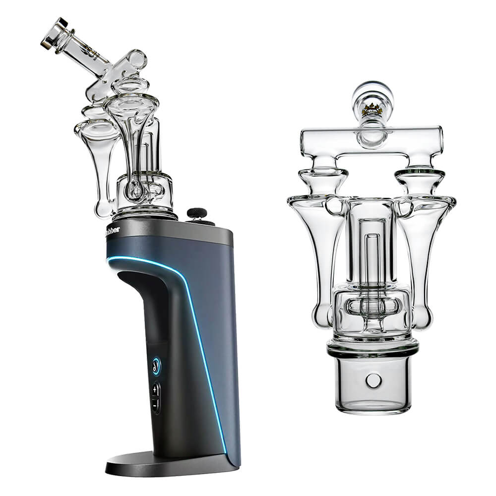 Calibear Switch²™ Duo RBR Recycler Glass Attachment for Dr. Dabber Switch 2, shown attached to a blue Switch 2 device and standalone, featuring intricate dual RBR recycler pathways and clear borosilicate glass.