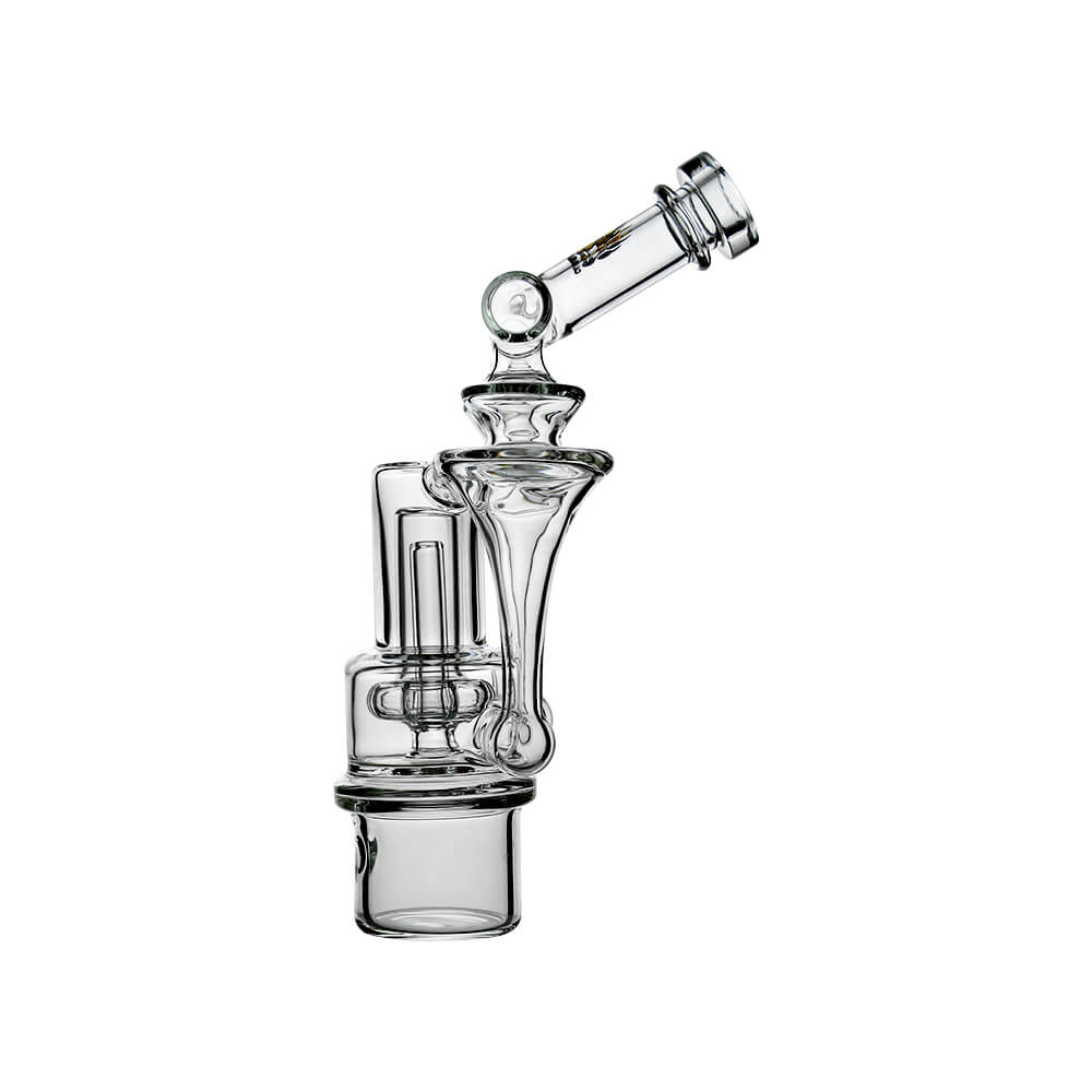 Calibear Switch²™ Duo RBR Recycler Glass Attachment for Dr. Dabber Switch 2, shown attached to a blue Switch 2 device and standalone, featuring intricate dual RBR recycler pathways and clear borosilicate glass.