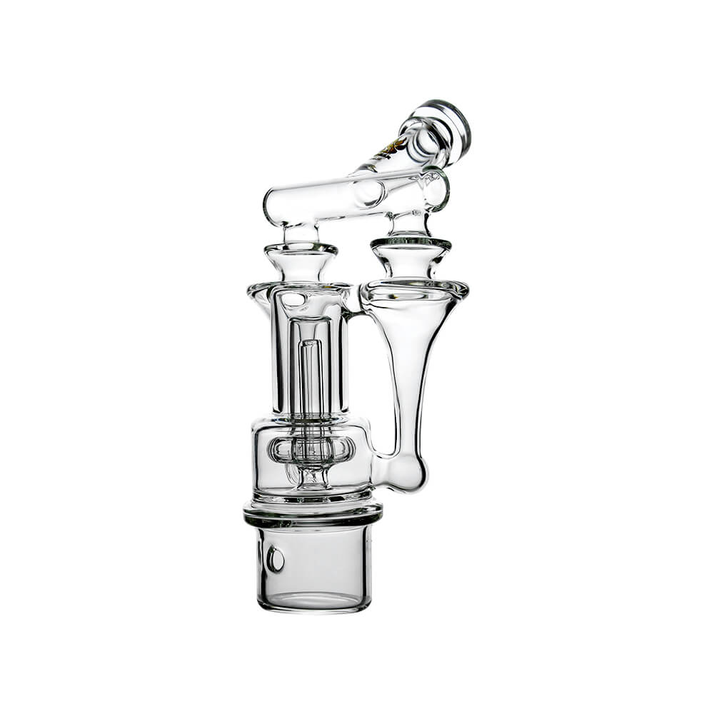 Calibear Switch²™ Duo RBR Recycler Glass Attachment for Dr. Dabber Switch 2, shown attached to a blue Switch 2 device and standalone, featuring intricate dual RBR recycler pathways and clear borosilicate glass.