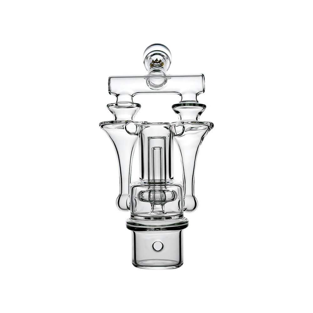 Calibear Switch²™ Duo RBR Recycler Glass Attachment for Dr. Dabber Switch 2, shown attached to a blue Switch 2 device and standalone, featuring intricate dual RBR recycler pathways and clear borosilicate glass.