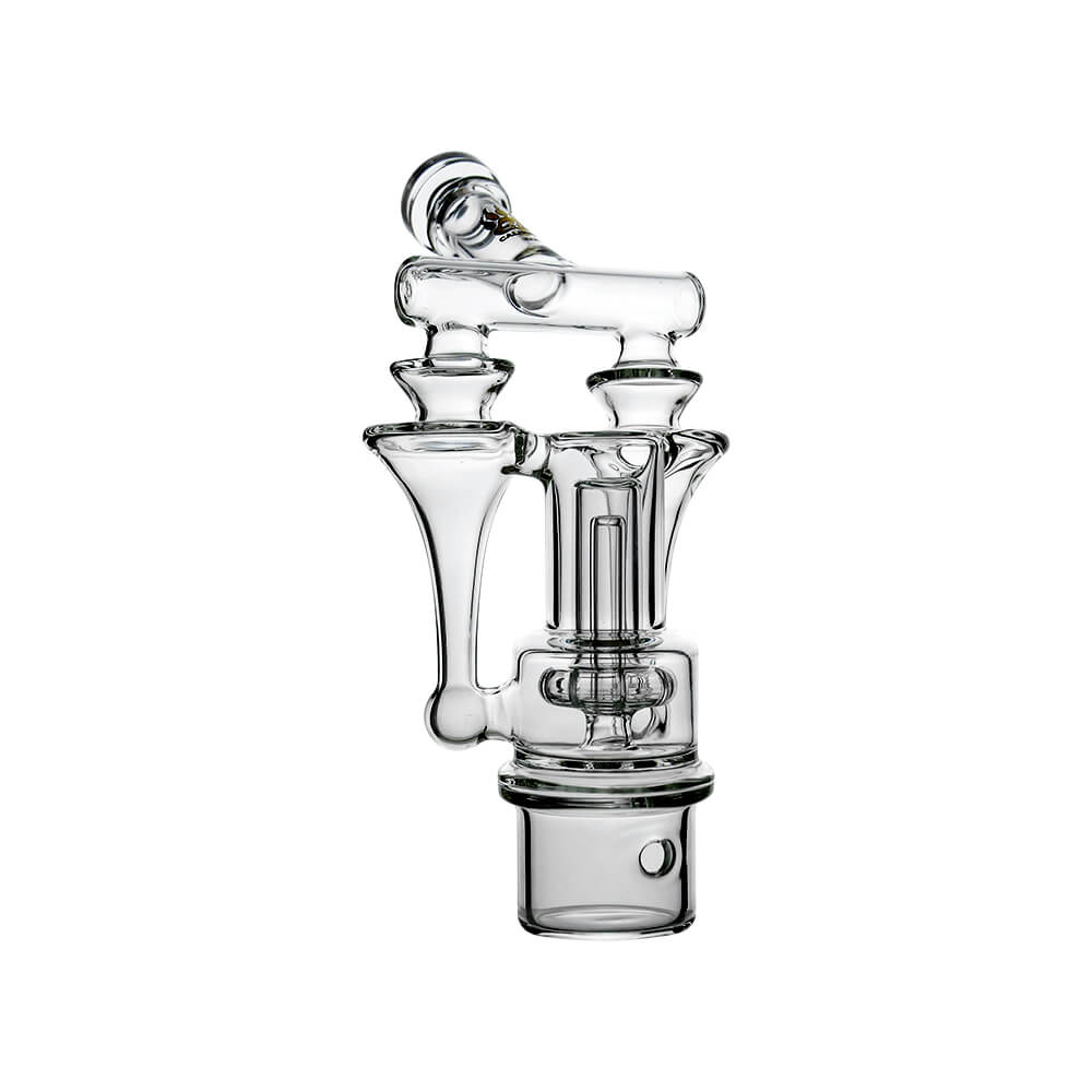 Calibear Switch²™ Duo RBR Recycler Glass Attachment for Dr. Dabber Switch 2, shown attached to a blue Switch 2 device and standalone, featuring intricate dual RBR recycler pathways and clear borosilicate glass.