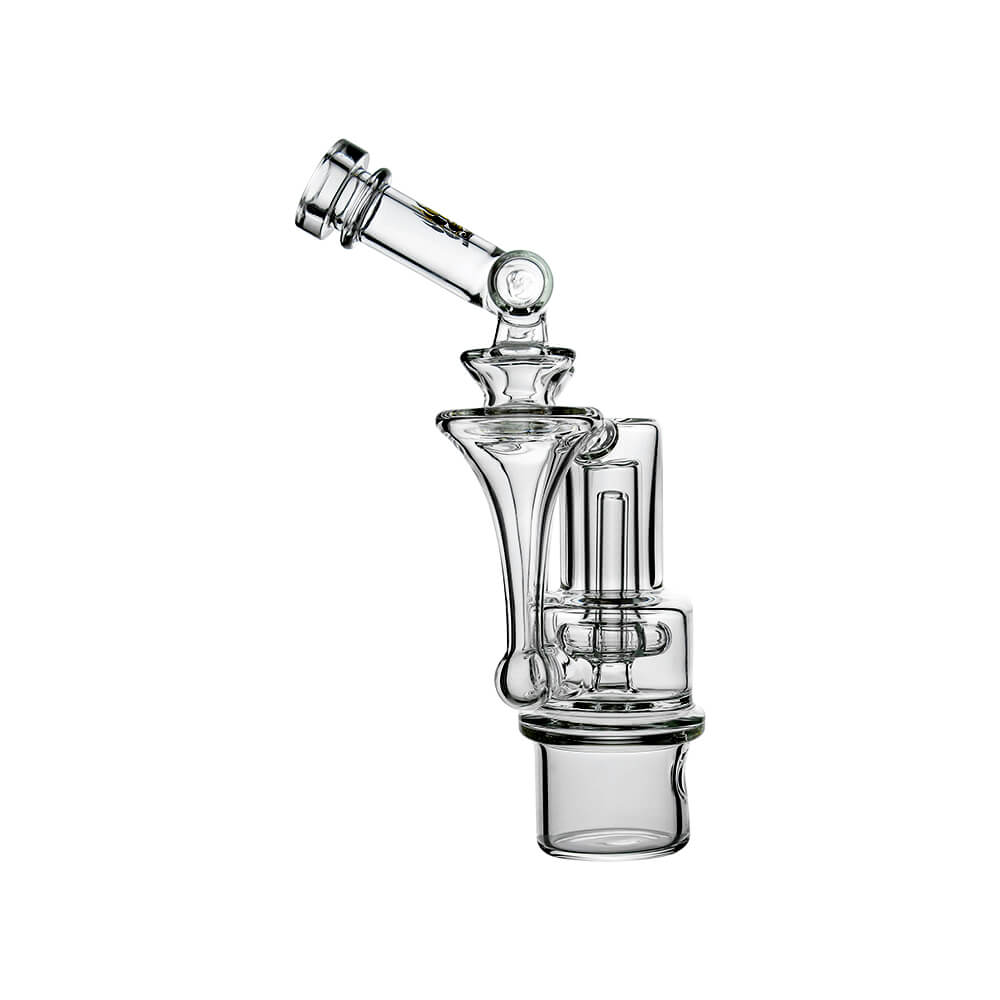 Calibear Switch²™ Duo RBR Recycler Glass Attachment for Dr. Dabber Switch 2, shown attached to a blue Switch 2 device and standalone, featuring intricate dual RBR recycler pathways and clear borosilicate glass.
