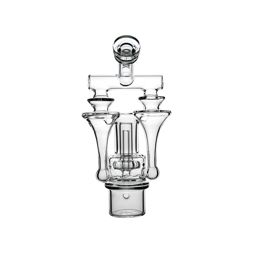 Calibear Switch²™ Duo RBR Recycler Glass Attachment for Dr. Dabber Switch 2, shown attached to a blue Switch 2 device and standalone, featuring intricate dual RBR recycler pathways and clear borosilicate glass.