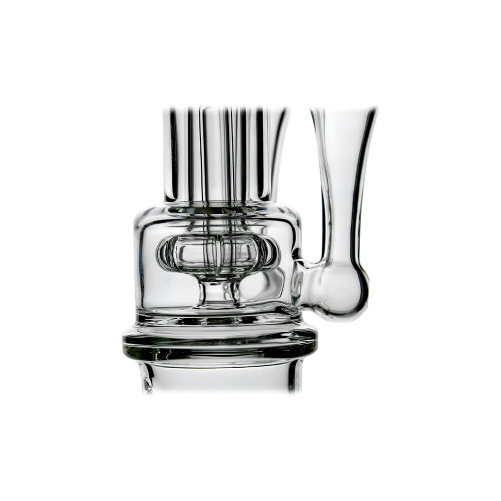 Calibear Switch²™ Duo RBR Recycler Glass Attachment for Dr. Dabber Switch 2, shown attached to a blue Switch 2 device and standalone, featuring intricate dual RBR recycler pathways and clear borosilicate glass.