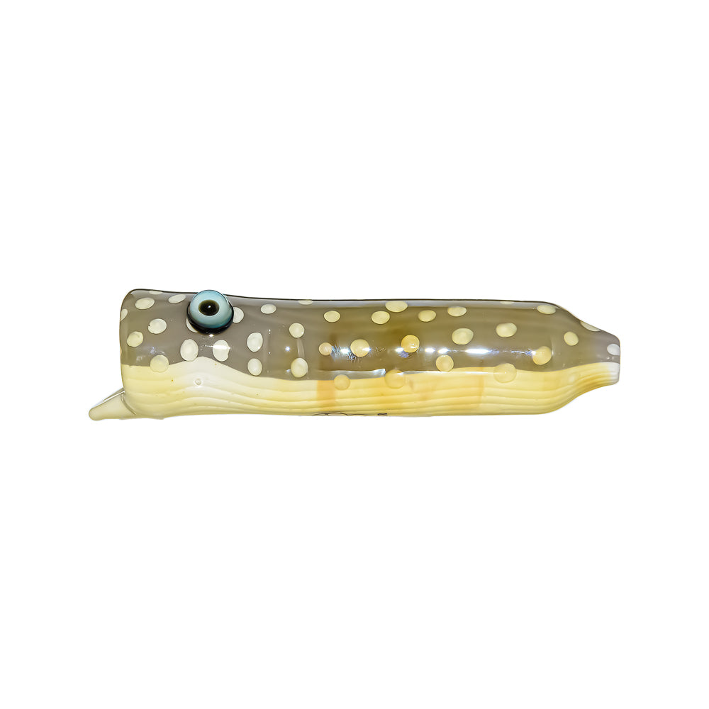 Calibear Trout Camo Chillum glass pipe with fish-eye details and yellow-green trout pattern on white background.