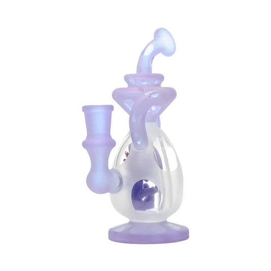 Calibear 7.8 inch heady Dino recycler egg dab rig with custom dinosaur percolator, sandblasted egg chamber, and purple glass accents.
