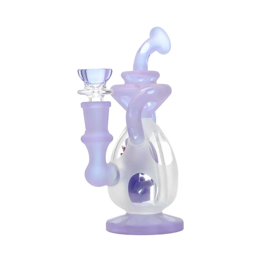 Calibear 7.8 inch heady Dino recycler egg dab rig with custom dinosaur percolator, sandblasted egg chamber, and purple glass accents.