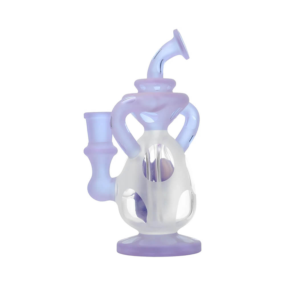 Calibear 7.8 inch heady Dino recycler egg dab rig with custom dinosaur percolator, sandblasted egg chamber, and purple glass accents.
