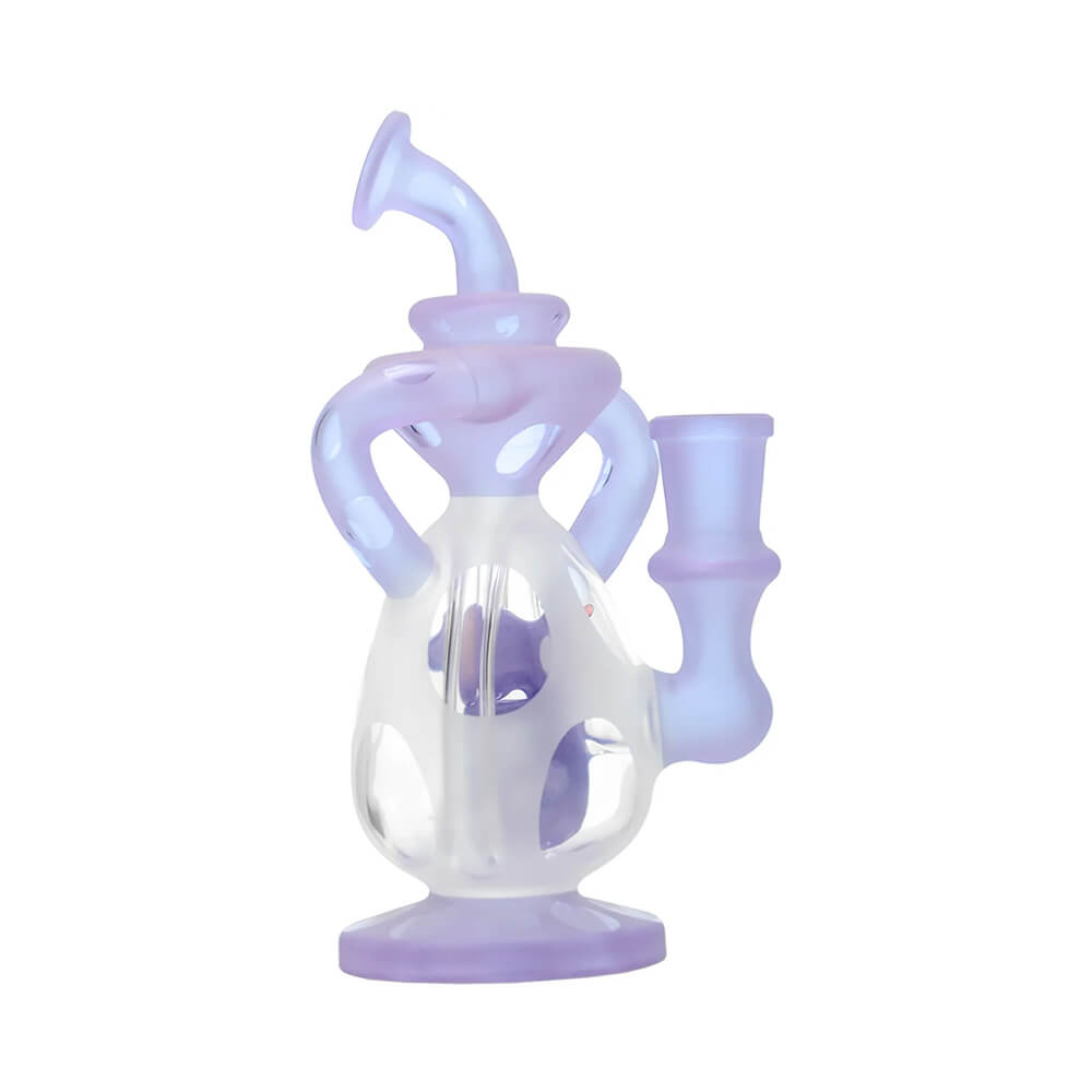 Calibear 7.8 inch heady Dino recycler egg dab rig with custom dinosaur percolator, sandblasted egg chamber, and purple glass accents.