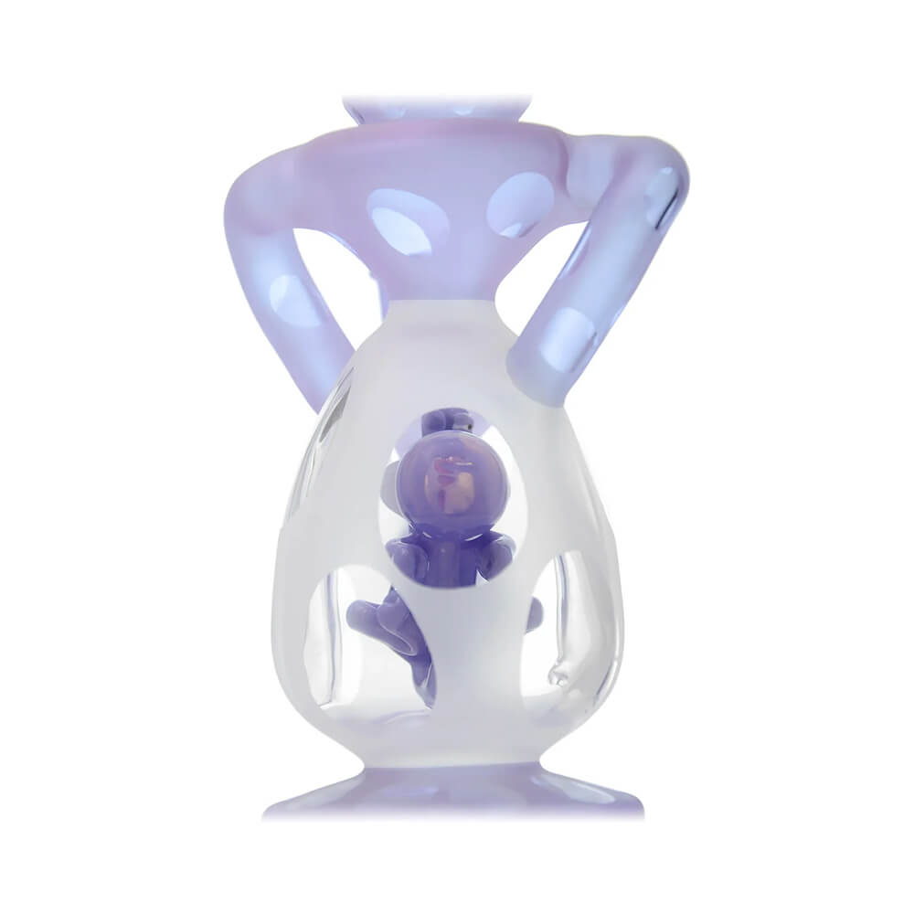 Calibear 7.8 inch heady Dino recycler egg dab rig with custom dinosaur percolator, sandblasted egg chamber, and purple glass accents.