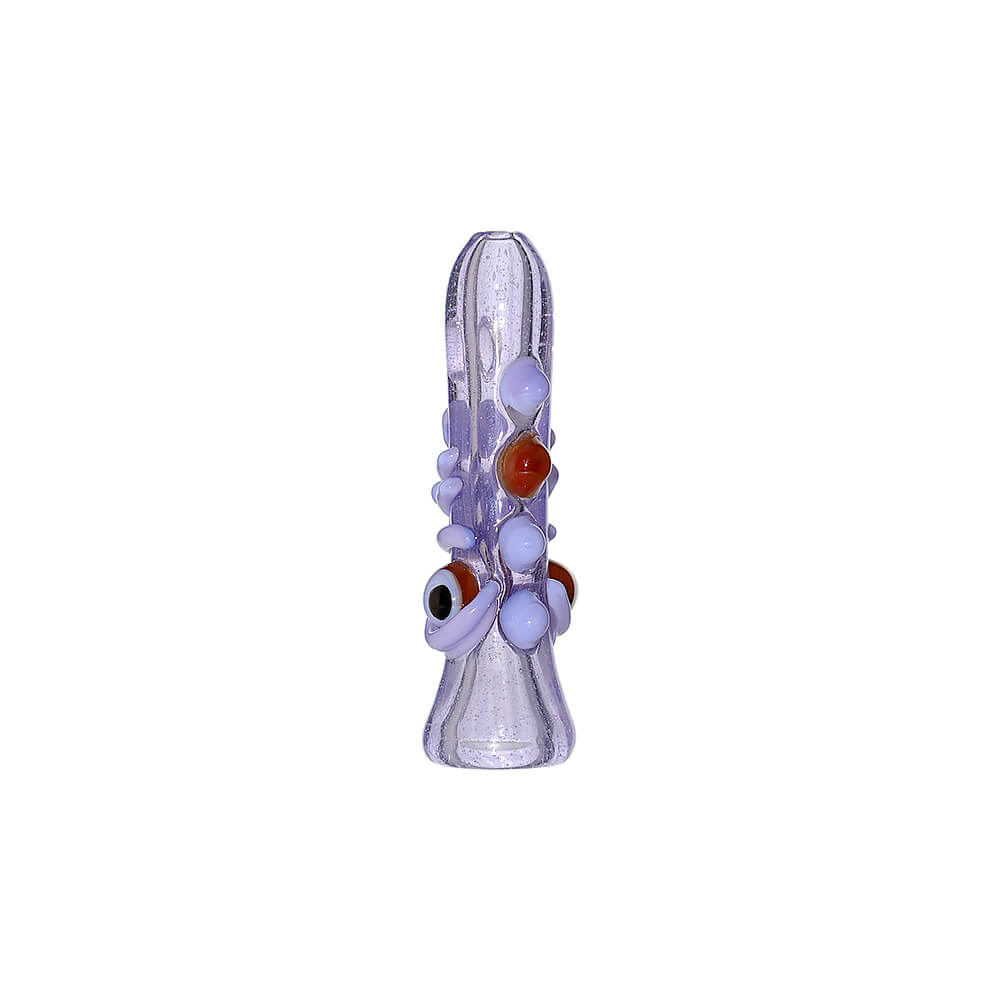 CaliBear Dual Face handcrafted glass pipe with vibrant purple and yellow colors, showing detailed artistic facial expressions on a white background.