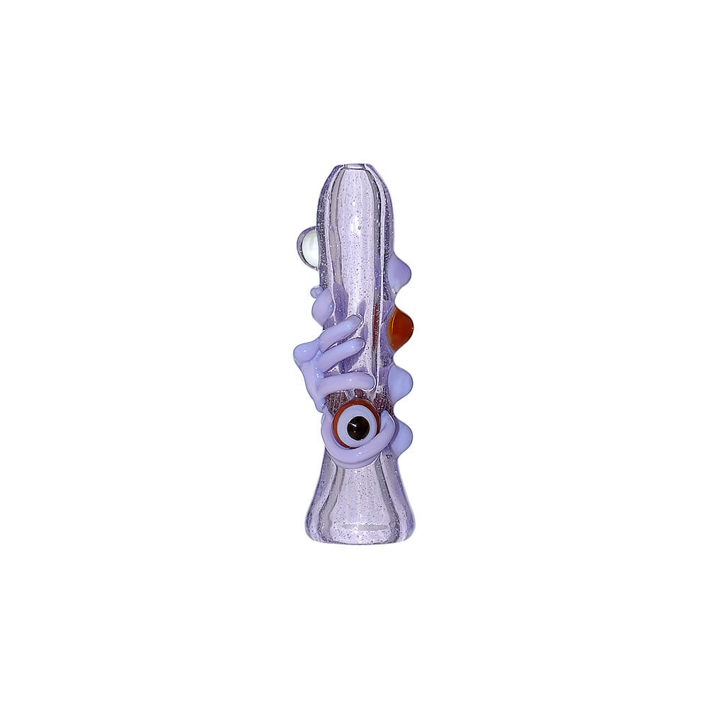 CaliBear Dual Face handcrafted glass pipe with vibrant purple and yellow colors, showing detailed artistic facial expressions on a white background.