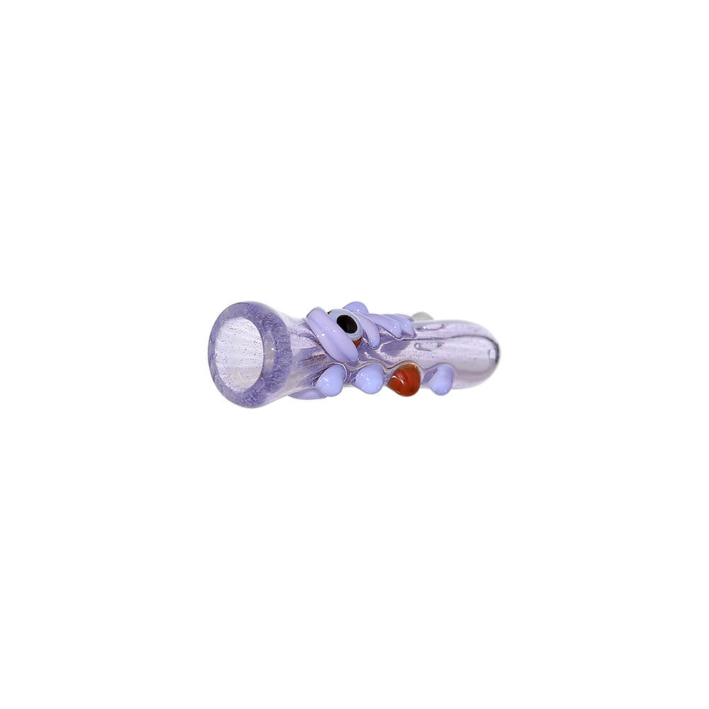 CaliBear Dual Face handcrafted glass pipe with vibrant purple and yellow colors, showing detailed artistic facial expressions on a white background.
